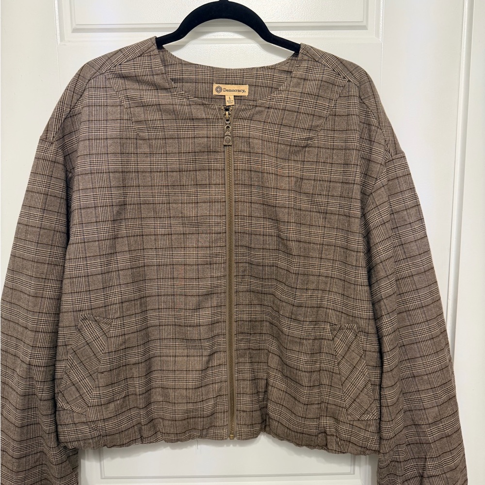Democracy Plaid Zip-Front Bomber Jacket - Taupe Brown